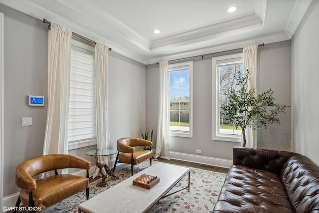 1780 Prairie Ave, Northbrook, IL 60062 - living area featuring a tray ceiling, wood finished floors, ornamental molding, and recessed lighting