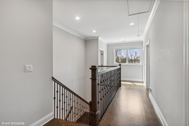 1780 Prairie Ave, Northbrook, IL 60062 - corridor featuring attic access, an upstairs landing, wood finished floors, crown molding, and recessed lighting