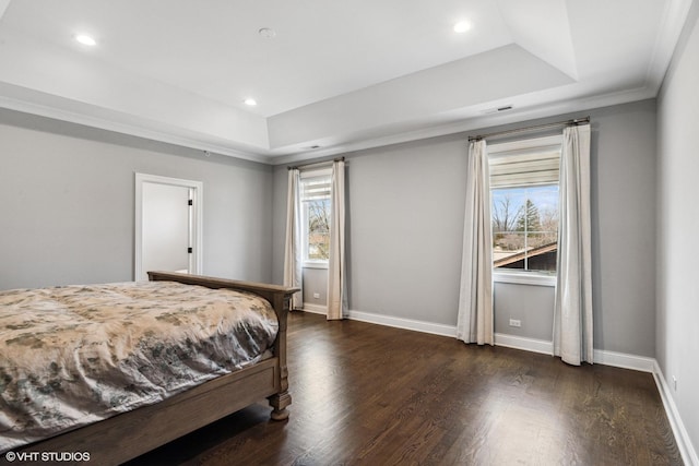 1780 Prairie Ave, Northbrook, IL 60062 - bedroom featuring a raised ceiling, dark wood-style floors, recessed lighting, and ornamental molding