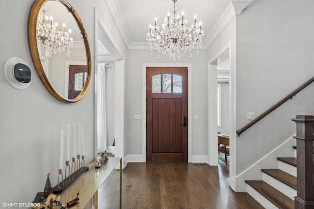 1780 Prairie Ave, Northbrook, IL 60062 - foyer with a chandelier, wood finished floors, stairway, and ornamental molding