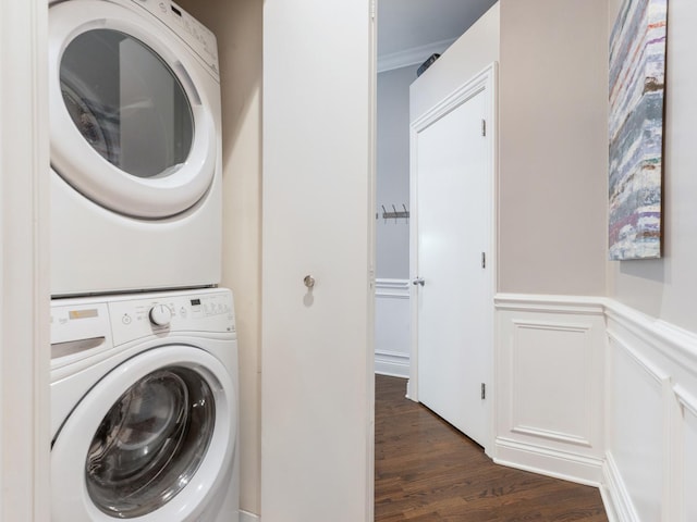 2052 W Chicago Ave Unit 2, Chicago, IL 60622 - laundry area with stacked washer / drying machine, dark wood-type flooring, wainscoting, and ornamental molding