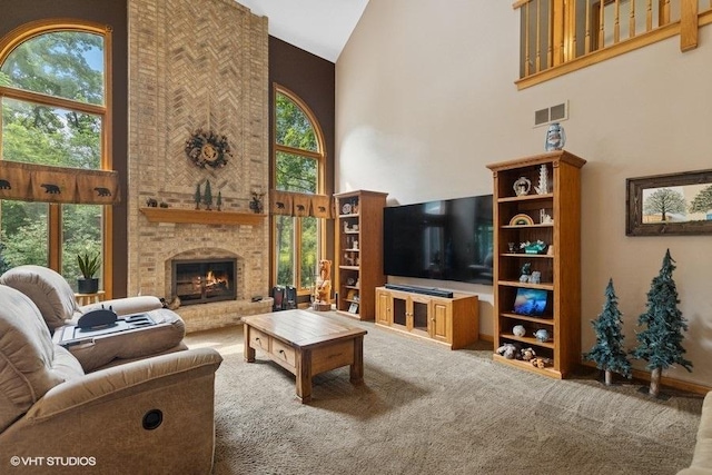 401 Woodside Dr, Wood Dale, IL 60191 - carpeted living room featuring high vaulted ceiling and a brick fireplace
