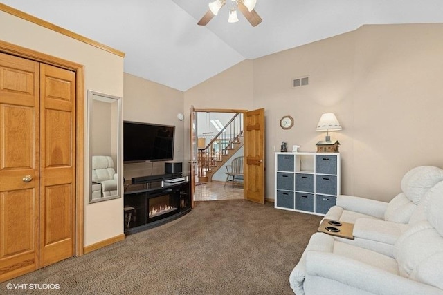 401 Woodside Dr, Wood Dale, IL 60191 - living area with a ceiling fan, carpet flooring, stairway, and high vaulted ceiling
