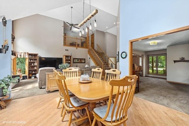 401 Woodside Dr, Wood Dale, IL 60191 - dining room with a high ceiling, stairway, light wood finished floors, and ceiling fan