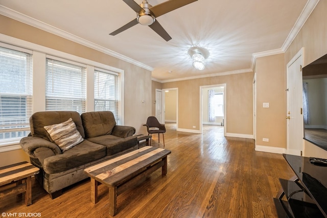 6970 N Wolcott Ave Unit 1, Chicago, IL 60626 - living area featuring a ceiling fan, dark wood finished floors, and crown molding
