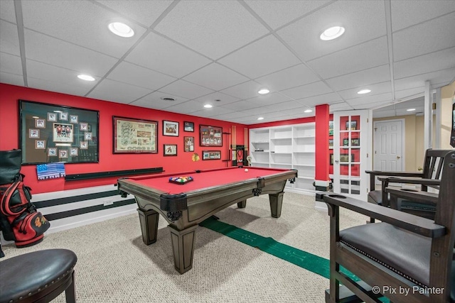 735 Chasewood Dr, South Elgin, IL 60177 - game room with carpet flooring, built in features, billiards, a paneled ceiling, and recessed lighting