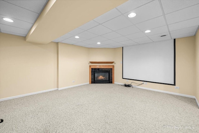 735 Chasewood Dr, South Elgin, IL 60177 - cinema room featuring carpet, a tiled fireplace, recessed lighting, and a drop ceiling
