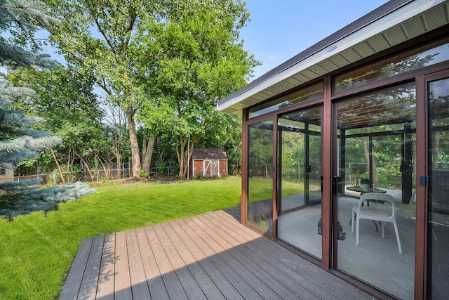 6853 Red Wing Dr, Woodridge, IL 60517 - wooden deck featuring a storage shed and a sunroom
