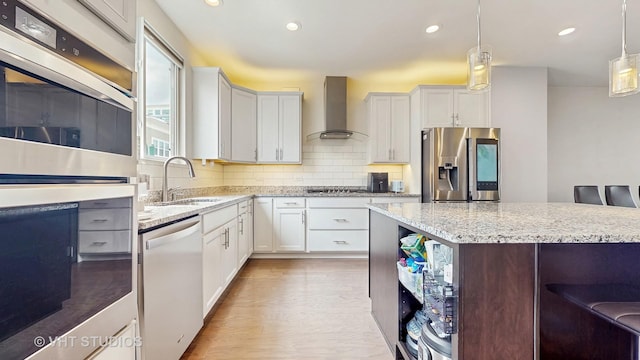 3546 Kemper Dr, Woodridge, IL 60517 - kitchen with appliances with stainless steel finishes, wall chimney exhaust hood, open shelves, light stone countertops, and recessed lighting
