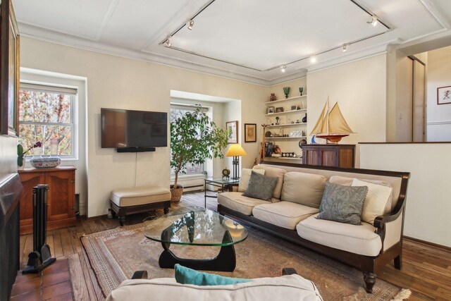 1400 N La Salle St Unit 3N, Chicago, IL 60610 - living room featuring track lighting, wood-type flooring, plenty of natural light, and ornamental molding