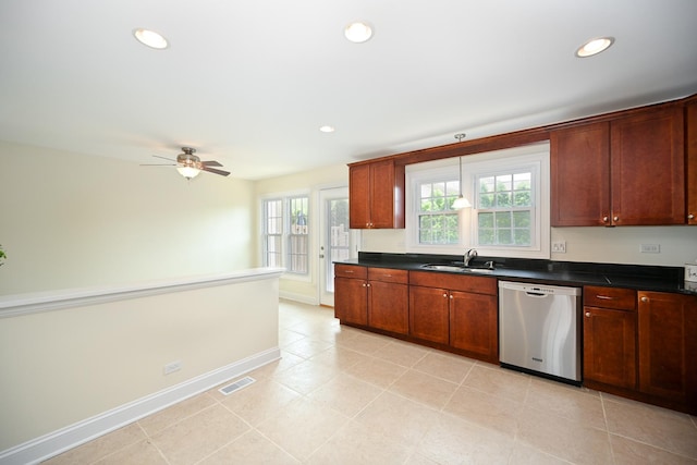 1058 Oakview Dr Unit 1058, Wheaton, IL 60187 - kitchen with dishwasher, dark countertops, a ceiling fan, recessed lighting, and light tile patterned floors