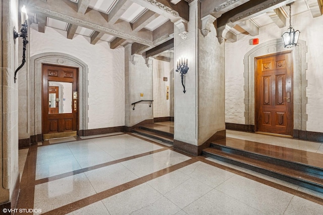 building lobby with beam ceiling
