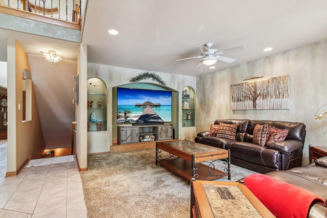 22454 Hinspeter Dr, Frankfort, IL 60423 - living area featuring a ceiling fan, recessed lighting, tile patterned floors, and arched walkways