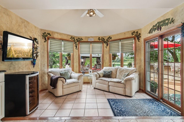 22454 Hinspeter Dr, Frankfort, IL 60423 - living area with light tile patterned flooring, ceiling fan, and beverage cooler