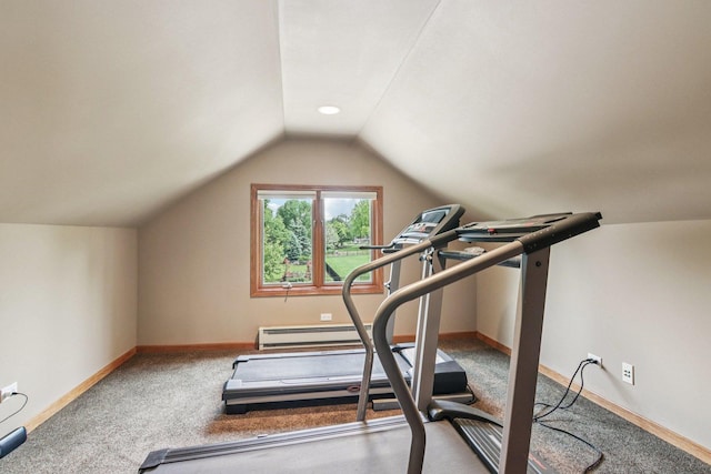 22454 Hinspeter Dr, Frankfort, IL 60423 - exercise area featuring baseboard heating, lofted ceiling, and carpet flooring