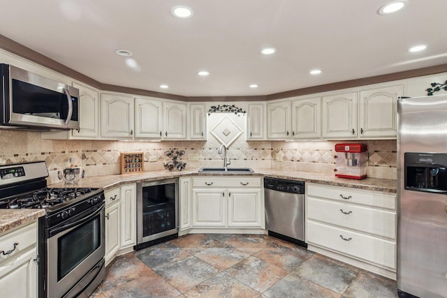 22454 Hinspeter Dr, Frankfort, IL 60423 - kitchen with appliances with stainless steel finishes, beverage cooler, tasteful backsplash, recessed lighting, and light stone finish floors
