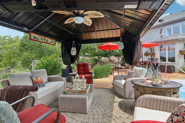 22454 Hinspeter Dr, Frankfort, IL 60423 - view of patio with a gazebo, an outdoor living space with a fire pit, and a ceiling fan