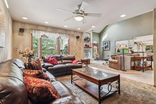 22454 Hinspeter Dr, Frankfort, IL 60423 - tiled living room with ceiling fan, recessed lighting, and a large fireplace