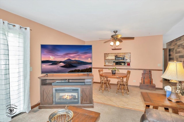 5S558 Tuthill Rd, Naperville, IL 60563 - carpeted living area featuring ceiling fan, a multi sided fireplace, and tile patterned floors