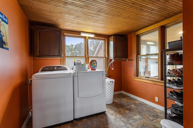 516 E Locust St, Watseka, IL 60970 - laundry room with wooden ceiling, washing machine and clothes dryer, cabinet space, and dark stone finish floors