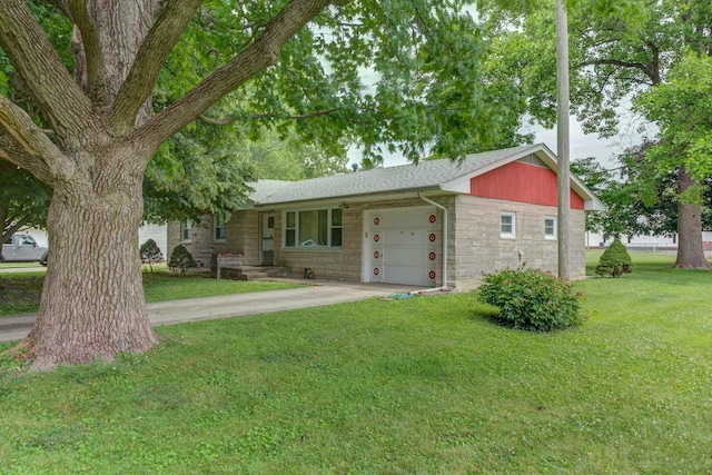 220 N Indiana St, Atwood, IL 61913 - ranch-style home with stone siding, a garage, driveway, a front lawn, and roof with shingles