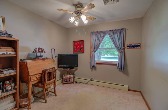 220 N Indiana St, Atwood, IL 61913 - carpeted home office with a baseboard radiator and a ceiling fan