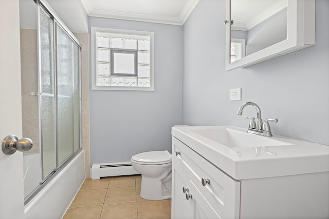 9633 Brandy Ct Unit 6, Des Plaines, IL 60016 - full bathroom featuring a baseboard heating unit, vanity, crown molding, tile patterned floors, and shower / bath combination with glass door