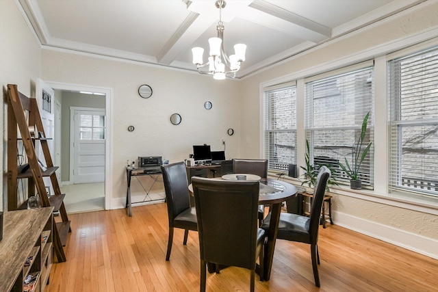 4706 N Paulina St, Chicago, IL 60640 - dining area featuring a chandelier, light wood-style flooring, coffered ceiling, beamed ceiling, and ornamental molding