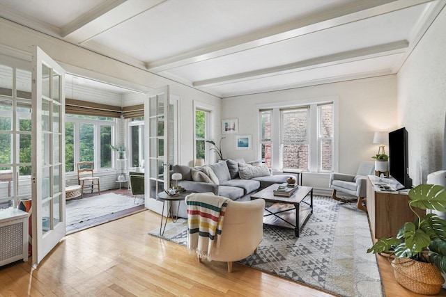 4706 N Paulina St, Chicago, IL 60640 - living area featuring light wood finished floors, beamed ceiling, and radiator heating unit