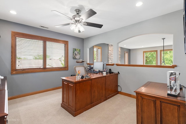 2024 Taller Rd, Morris, IL 60450 - office area with light carpet, a ceiling fan, arched walkways, and recessed lighting