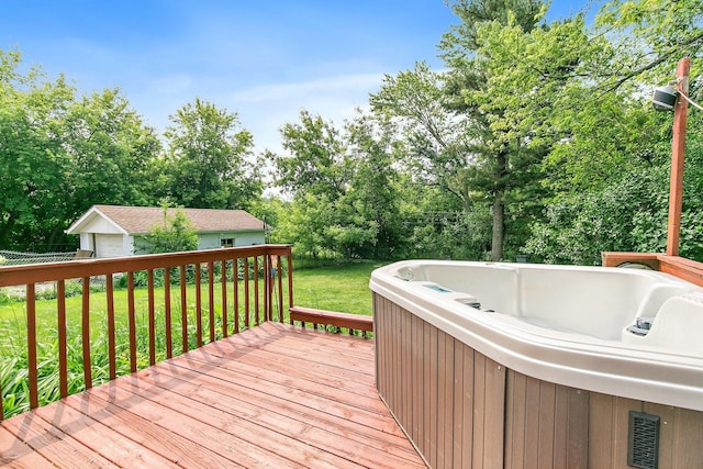 3 Clark Ave, Lake In The Hills, IL 60156 - wooden deck featuring a hot tub, a yard, an outdoor structure, and view of scattered trees