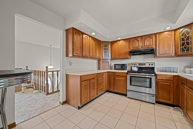 1340 Ironwood Ct, Aurora, IL 60506 - kitchen featuring stainless steel electric range, brown cabinetry, recessed lighting, light countertops, and glass insert cabinets