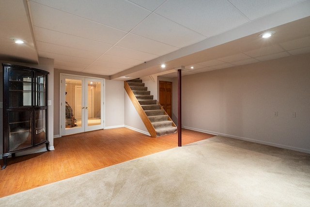856 Fieldcrest Dr, Bolingbrook, IL 60490 - finished basement featuring carpet flooring, french doors, stairway, recessed lighting, and wood finished floors
