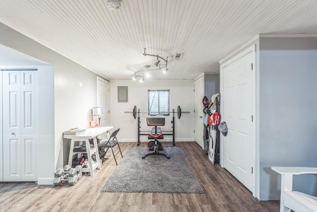 1316 Fireside Ct, Naperville, IL 60564 - office area featuring wood finished floors, electric panel, and crown molding