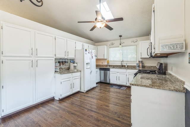 1316 Fireside Ct, Naperville, IL 60564 - kitchen with range with gas stovetop, dishwasher, white refrigerator with ice dispenser, ceiling fan, and white cabinets