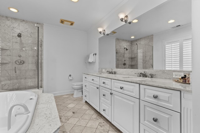 545 Sheridan Rd, Winnetka, IL 60093 - full bathroom featuring double vanity, a stall shower, a bath, recessed lighting, and ornamental molding
