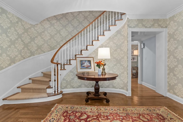 545 Sheridan Rd, Winnetka, IL 60093 - stairway featuring wallpapered walls, ornamental molding, and wood finished floors