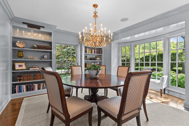 545 Sheridan Rd, Winnetka, IL 60093 - dining space featuring crown molding, a chandelier, built in features, and wood finished floors