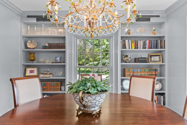 545 Sheridan Rd, Winnetka, IL 60093 - dining room with crown molding, a chandelier, and built in shelves