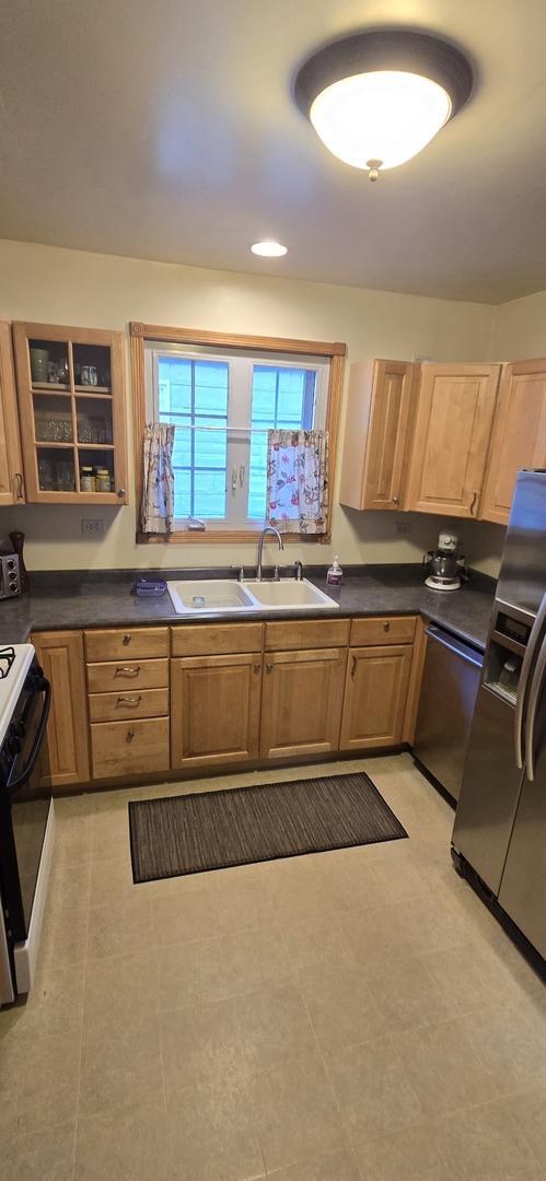 6119 W School St, Chicago, IL 60634 - kitchen with stainless steel appliances, dark countertops, and glass insert cabinets