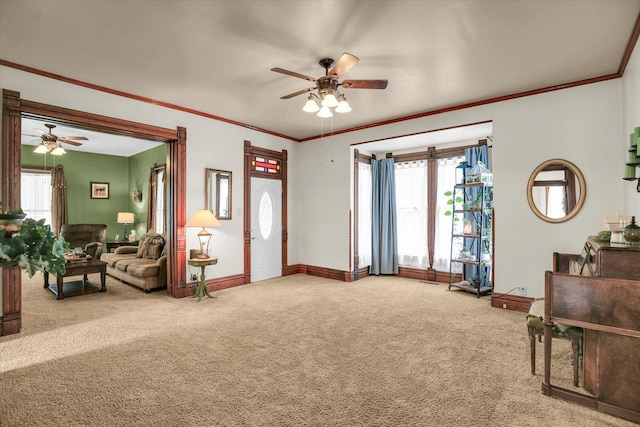 201 W Yates, Newman, IL 61942 - carpeted living area featuring a ceiling fan and crown molding