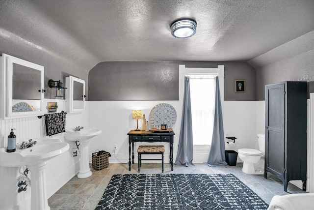 201 W Yates, Newman, IL 61942 - full bathroom featuring vaulted ceiling, a textured ceiling, and a wainscoted wall