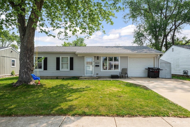413 Glen Ave, Romeoville, IL 60446 - ranch-style home with an attached garage, driveway, a front yard, and a storage shed