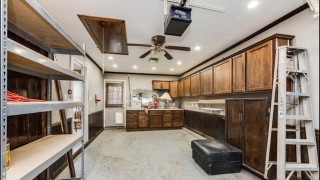 413 Glen Ave, Romeoville, IL 60446 - kitchen with a ceiling fan, ornamental molding, recessed lighting, brown cabinets, and light countertops