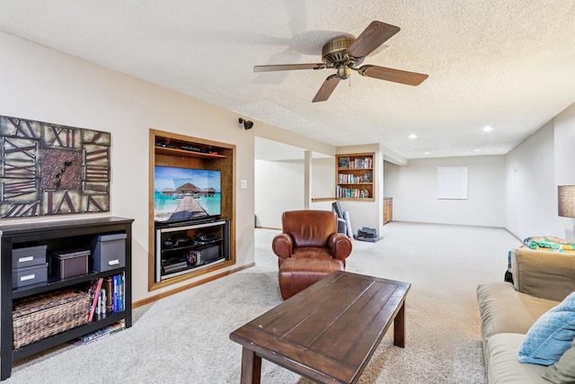 1995 Ridgemore Dr, Bartlett, IL 60103 - carpeted living room featuring a textured ceiling, ceiling fan, and recessed lighting