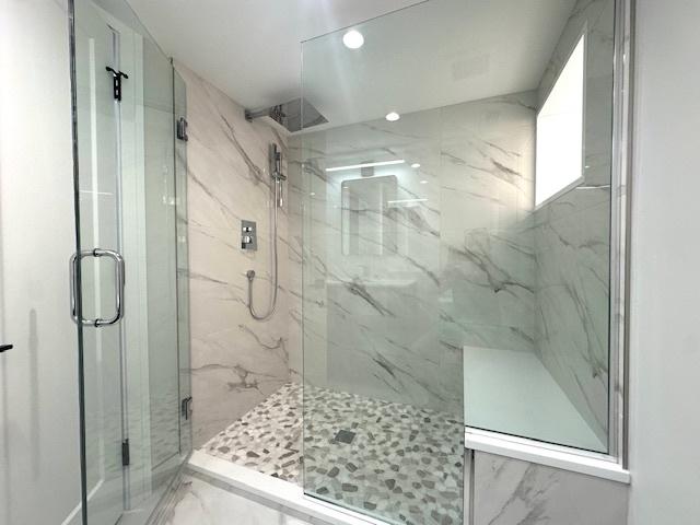 7646 W Myrtle Ave, Chicago, IL 60631 - full bath with marble finish floors, a marble finish shower, and recessed lighting