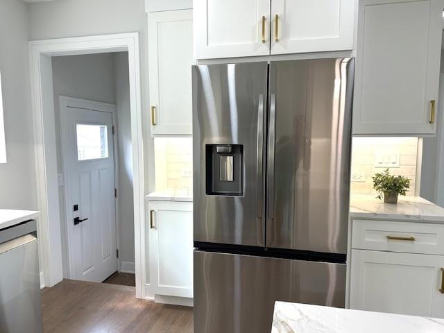 7646 W Myrtle Ave, Chicago, IL 60631 - kitchen featuring stainless steel refrigerator with ice dispenser, wood finished floors, white cabinets, and light stone countertops
