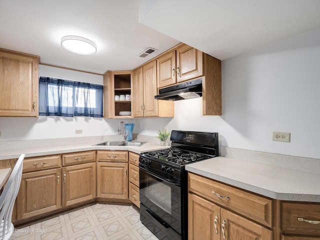 18902 Jonathan Ln, Homewood, IL 60430 - kitchen featuring black gas range, under cabinet range hood, light countertops, and open shelves