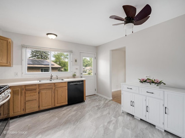 18902 Jonathan Ln, Homewood, IL 60430 - kitchen with black dishwasher, stainless steel range oven, light countertops, ceiling fan, and light marble finish flooring