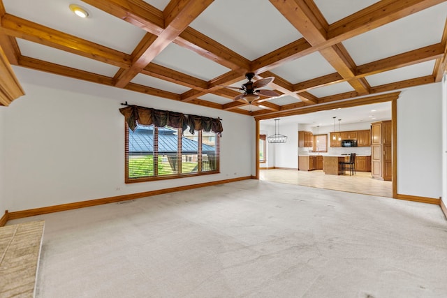 552 Waters Edge Dr, South Elgin, IL 60177 - unfurnished living room featuring coffered ceiling, light carpet, a ceiling fan, beamed ceiling, and recessed lighting